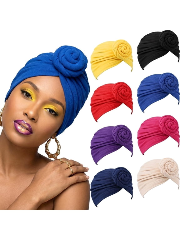 8 Pcs Women Turban African Pre Tied Bonnet Hairwrap Flower Knot Bonnet Beanie Cap Turban Head Wraps Headband Hat, Stretch Turbans Caps for Chemo Hair Loss, Head Scarf Beanie in 8 Colors