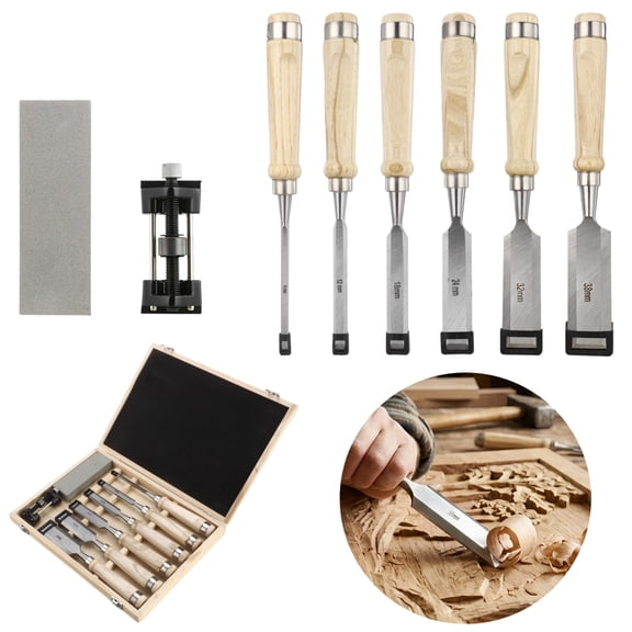 8 Pcs Wood Chisel Tool Set, 1/4 in to 1-1/2 in Cutters with Sharpening Stone and Guide, High Carbon Steel Carving Chisels in Wood Box, Essential Tools for Woodworkers, Carpenters