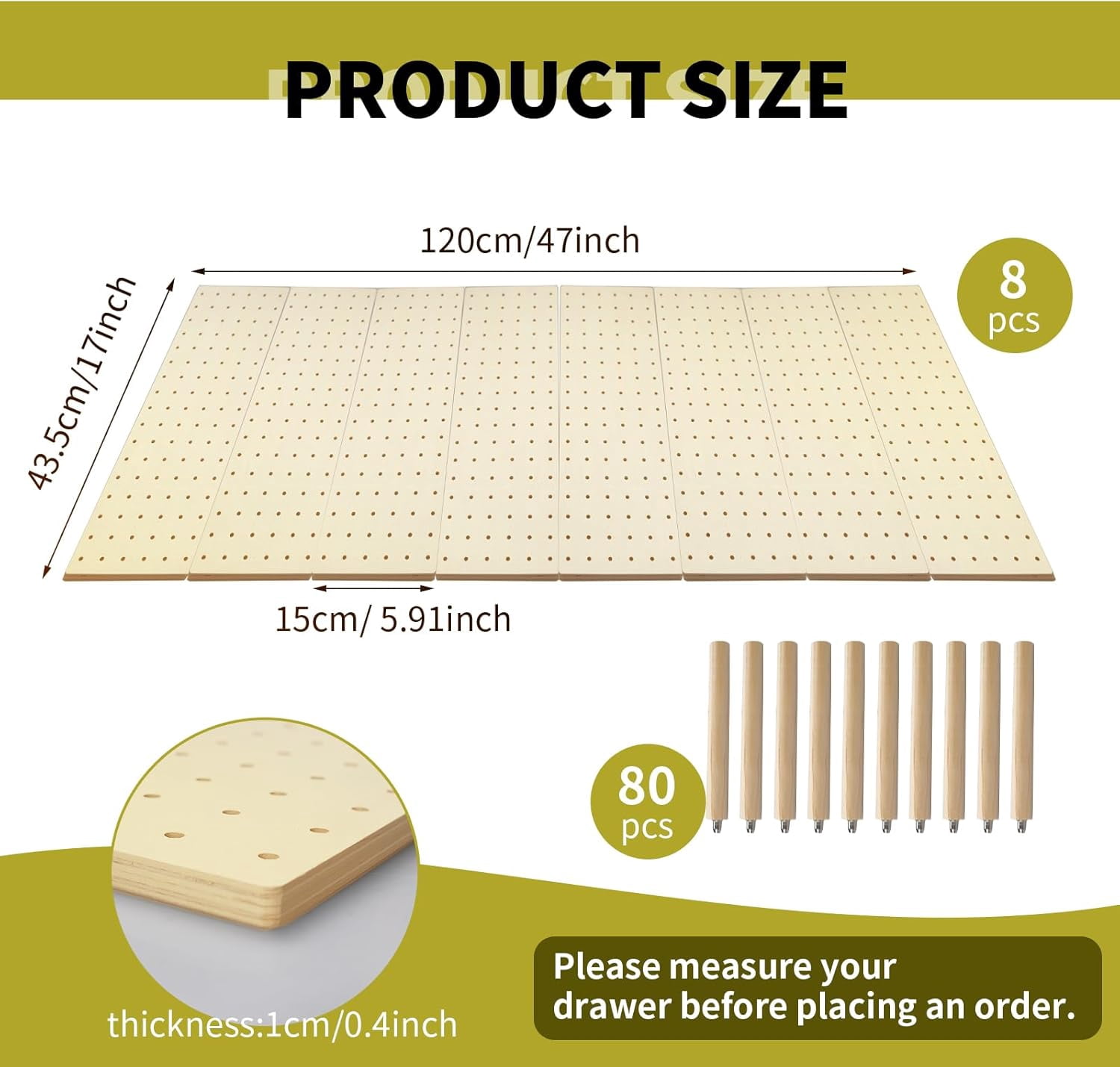 8 Pcs Wood Pegboard Drawer Organizer with 80 Adjustable Pegs for Kitchen Utensils and Dishes Storage