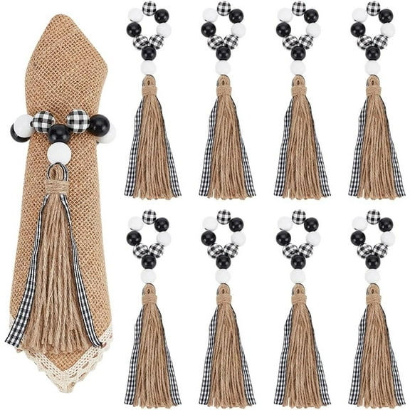 8 Pcs Wooden Bead Napkin Rings Black Christmas Theme Napkin Ring with Jute Tassel Natural Farmhouse Napkin Rings for Party Wedding Christmas Thanksgiving Table Celebration DIY