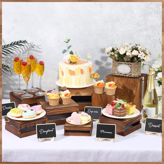 8 Pcs Wooden Buffet Risers with Signs - Rustic Cake Stands for Dessert Display