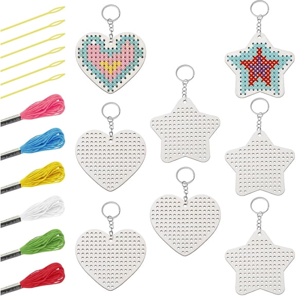 8 Pcs Wooden Cross Stitch Kits Love Star Wood Cross Stitching Keyrings Wood Sewing Kit Plastic Needle Embroidery Kit for Beginners
