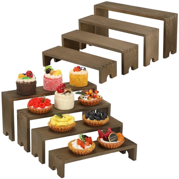 8 Pcs Wooden Display Stand Set, Stackable Tiered Cupcake Stands, Brown Buffet Risers, Stepped Organizer Shelf for Collectibles, Figures, Dessert, Cosmetics, Jewelry and Home Desktop Display