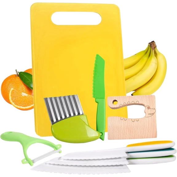 8 Pcs Wooden Kitchen Knife Set for Kids-Includes Serrated Plastic Knives,Cutting Board,Y-Shaped Peeler,Creasing Knife,Sandwich Cutter,Potato Slicers,Toddler Knifes Safe Kid Knives