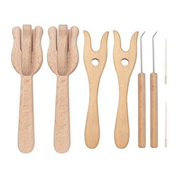 8 Pcs Wooden Lucet Knitting Fork and Big Eye Needle Kit Beech Wood Braiding Tool for DIY Weaving-