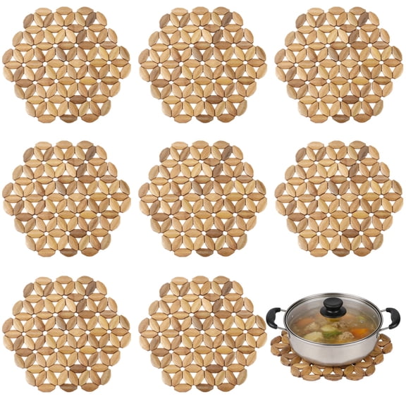 8 Pcs Wooden Trivet Mats, 9.45 in Heat Resistant Table Protector Mats, Hexagonal Flower Design Hot Pads for Hot Dishes, Tea Coffee Pot, Plates, Pans and Bowls, Dining Kitchen Use