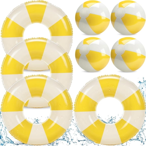 8 Pcs Yellow White Striped Pool Floats Inflatable Swimming Float Pastel Color Swimming Ring Beach Balls Inflatable Tubes Pool Ball Floaties Hawaiian Beach Summer Tropical Party for Adult
