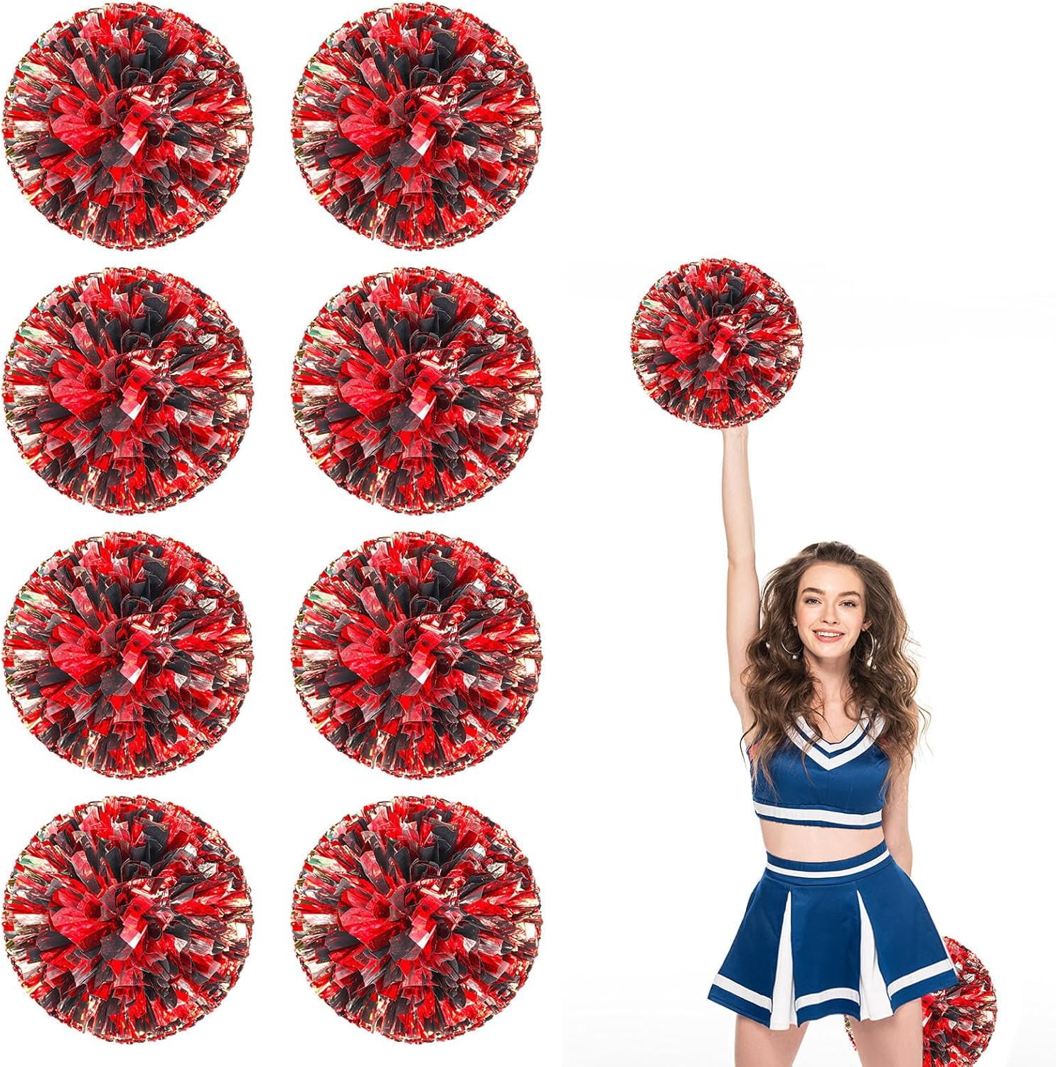8 Pcs pom poms Cheer,pom poms Cheerleading with Finger Holes Metallic Foil Cheer Pom Pomsfor Dance, Matches (Black Red Silver)