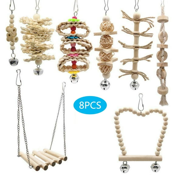 8 Pcs/set Bird Parrot Swing Chew Natural Wood Hanging Birds Cage Decoration Climbing Toy