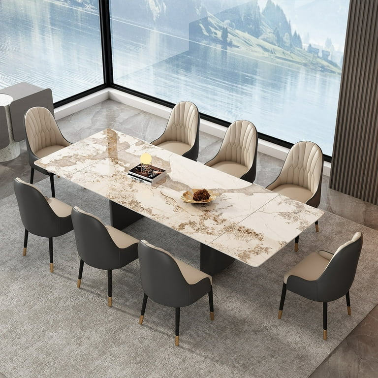 8 Person Extendable 63 to 94.5 Dining Set Rectangular Sintered Stone Top Stainless Steel Legs 1 Table 8 White Polo Chairs