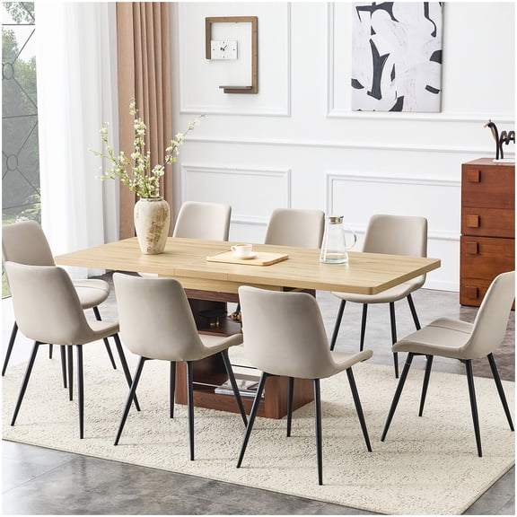 8-Person Extendable Dining Set with Storage, Gray Upholstered Chairs and Expandable Wood Table, 59 to 71 Inch Pull Out Dining Table Set