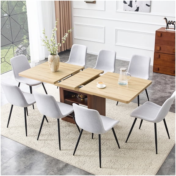 8-Person Extendable Dining Table Set, Light Gray Upholstered Chairs with Storage, Modern Scandinavian Dining Furniture