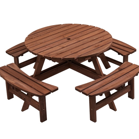 8 Person Garden Picnic Table, 43.3'' Large Tabletop, 4 Benches, 2220lb Capacity, Made Of Fir Wood, Painting Option Outdoor Dining Curved Use