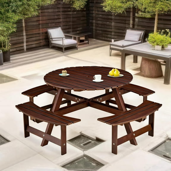 8-Person Outdoor Picnic Round Table with Built-in Benches | All-Weather Wooden Patio Furniture for Gardens, Backyards and Porches | Includes 2
