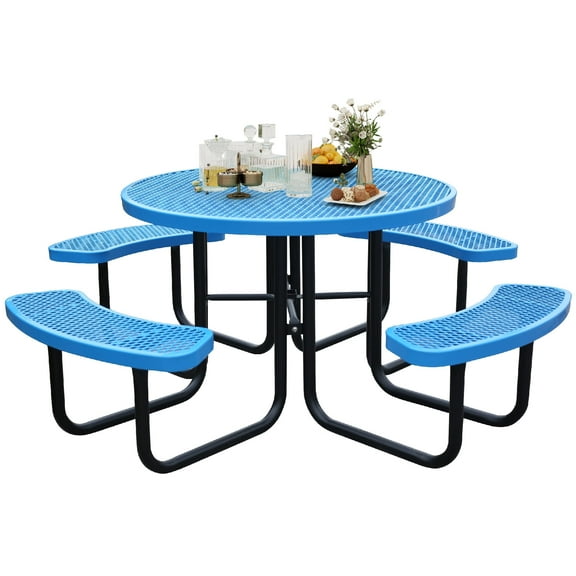 Bstjewey 46" Weatherproof Round Steel Picnic Table with 4 Bench,Blue