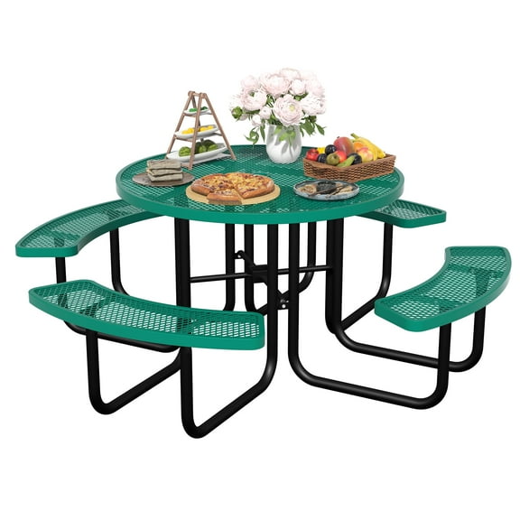 Bstjewey 46" Weatherproof Round Steel Picnic Table with 4 Bench,Green