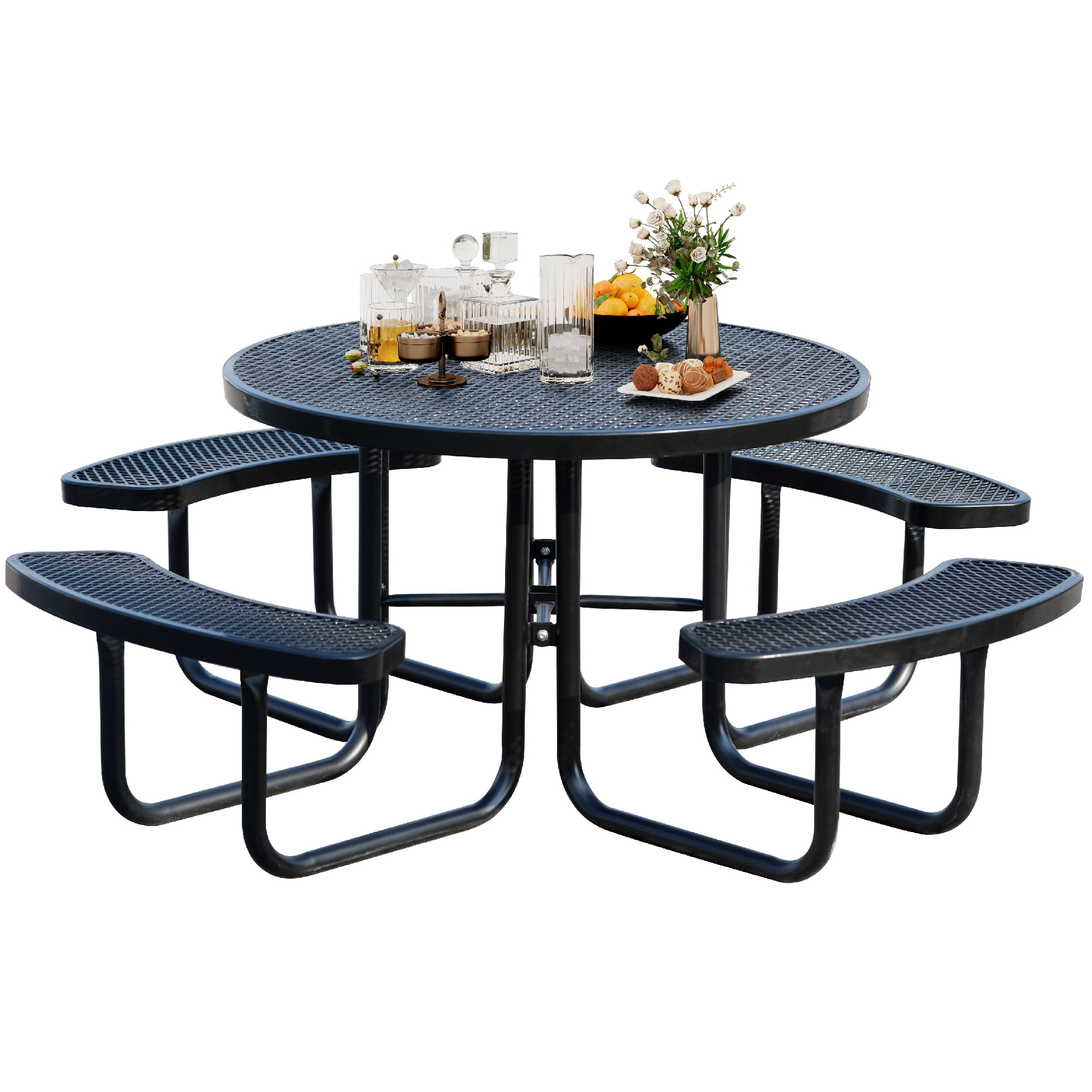8-Person Picnic Tables for Outdoors, Industrial 46" Expanded Metal Round Picnic Table with 4 Benches & Umbrella Hole, Outside Table and Bench Set for Park, Garden, Backyard, Patio, Black