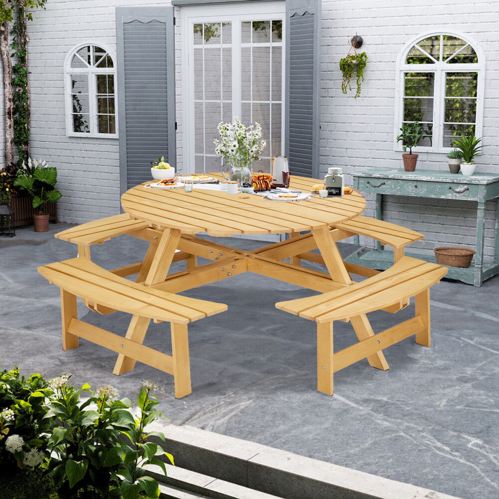 8-Person Round Wood Picnic Table with 4 Built-in Benches & Umbrella ...