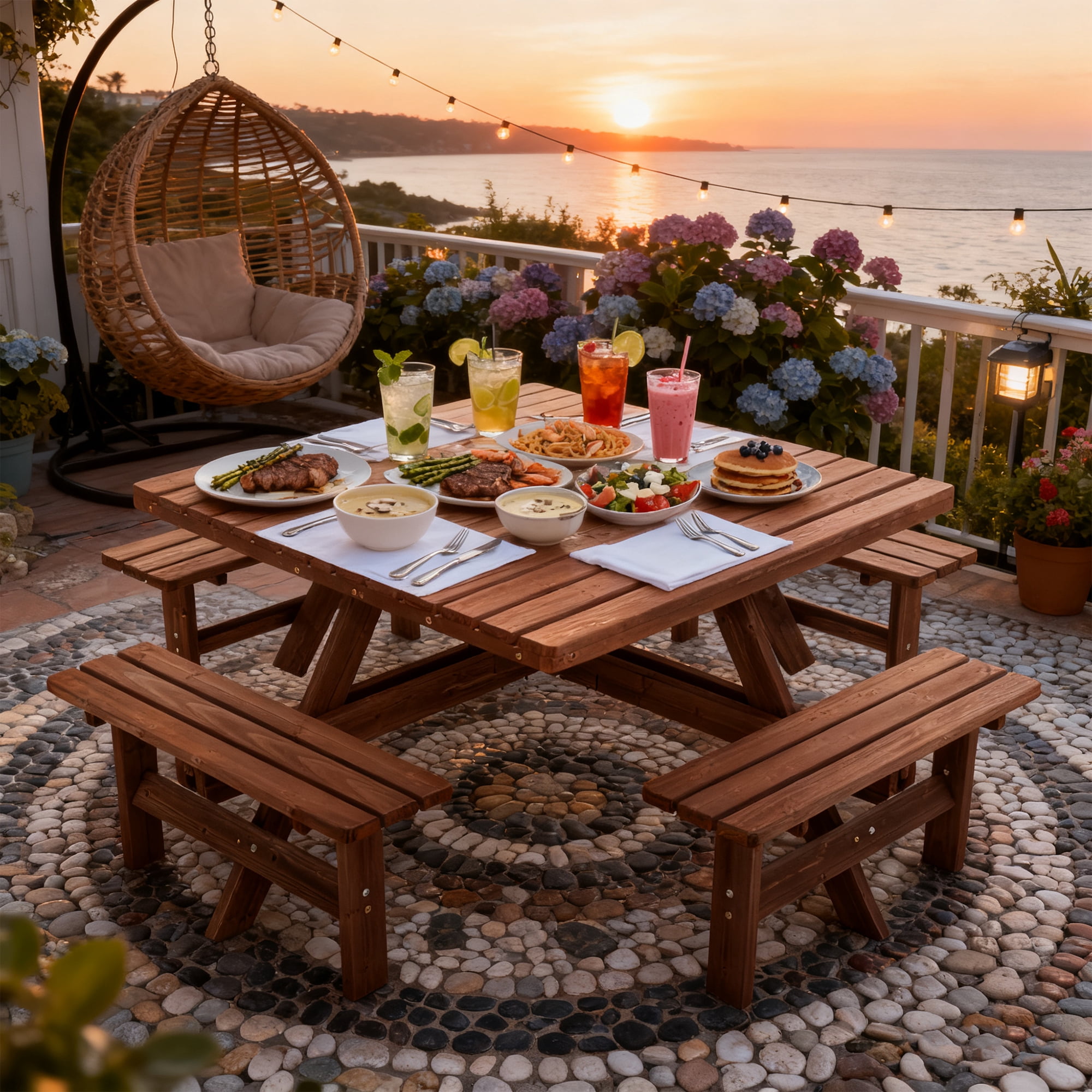 8-Person Square Picnic Table with 4 Built-In Benches & Umbrella Hole,Waterproof & Sturdy Cross Structure Outdoor Dining Set for Backyard Garden Camping,Brown