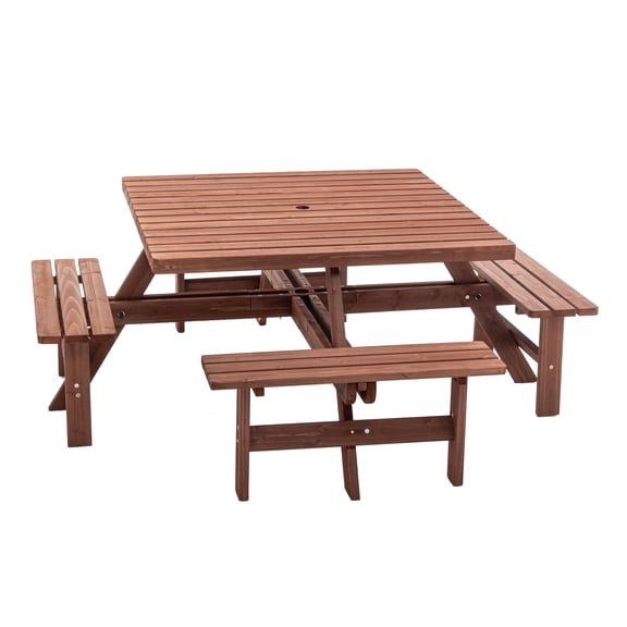 8-Person Square Picnic Table with Umbrella Hole, Waterproof & Sturdy Cross Structure, Outdoor Dining Set for Backyard Garden Camping, Easy Clean, Brown Wood