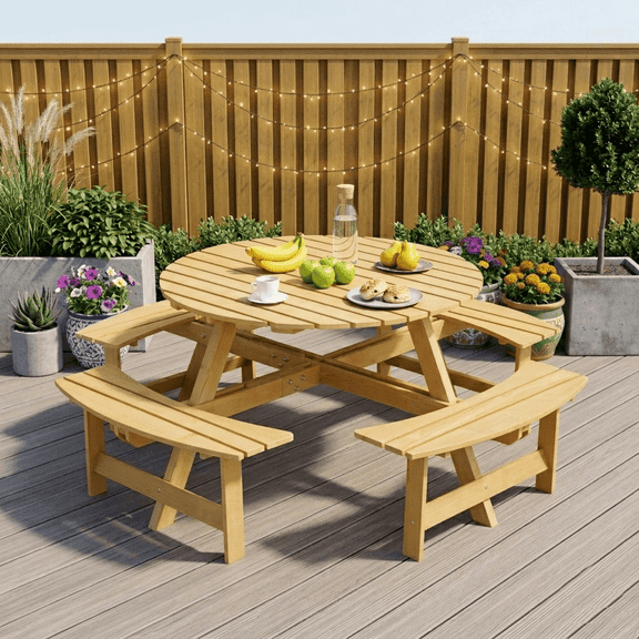 CKEASEAN 8 Person Wood Picnic Table, Outdoor Round Picnic Table with 4 Built-in Benches, Umbrella Hole, Outside Table and Bench Set for Patio, Backyard, 500lbs Capacity Per Bench