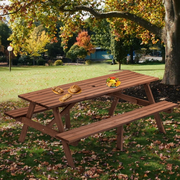8-Person Wooden Picnic Table - DIY Outdoor Dining Table with 4 Built-in Benches, 2220lb Capacity for Garden & Camping,Brown​