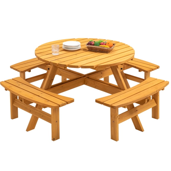 8 Person Wooden Picnic Table, Outdoor Camping Dining Table with Seat Garden DIY with 4 Built-in Benches, Natural
