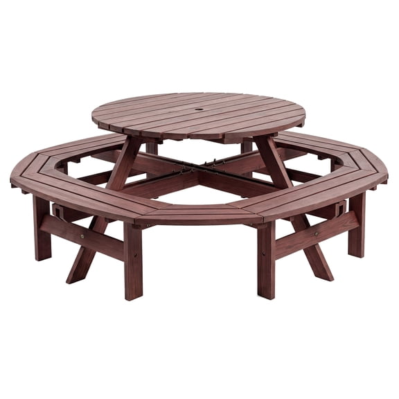 8 Person Wooden Picnic Table, Outdoor Round Camping Dining Table with Built-in Benches & Umbrella Hole, Outside Table Set for Garden Backyard, Brown