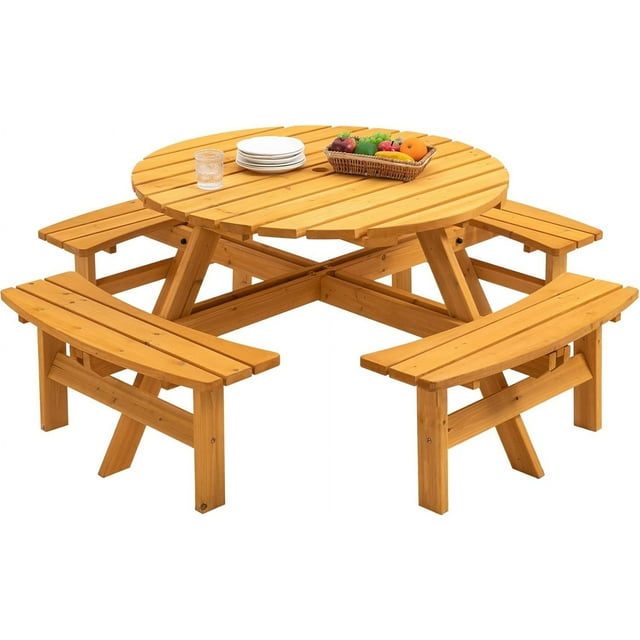 8 Person Wooden Picnic Table, Outdoor Round Picnic Table with Umbrella