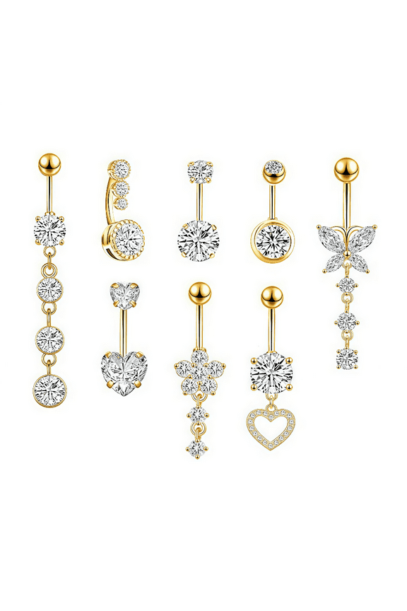 Belly Button Ring, 14G Hypoallergenic Surgical Steel Gold Belly Button Jewelry with Sparkling Crystals & Flowers, 8-Piece Set