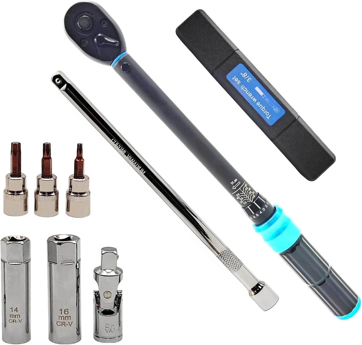 8-Piece 3/8" Drive Spark Plug Socket Set with Click Torque Wrench 10-60N·m(7.37-44.27ft·lb) - Heavy-Duty Magnetic Swivel Sockets for Car, Motorcycle, Truck & Small Engine Maintenance