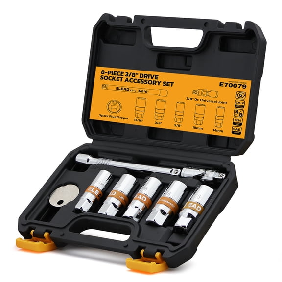 8-Piece 3/8 Inch Drive Spark Plug Socket Set, SAE & Metric Sizes 5/8", 3/4", 13/16", 14mm, 18mm CR-V Sockets with Rubber Retaining Rings, Universal Joint, 6 Inch Extension Bar & Spark Plug Gappe