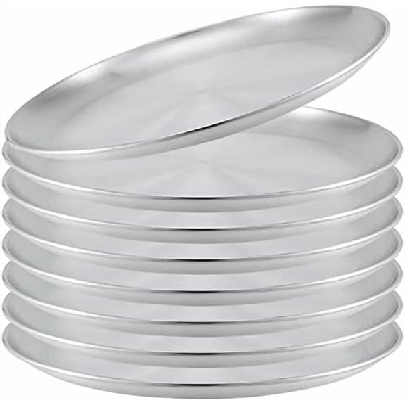 8 Piece 304 Stainless Steel Dinner Plates, 10 Inch Double Layer Round Serving Plates, Silver Brushed Metal Dishes for Camping, Eating, BBQ, Steak, Salad