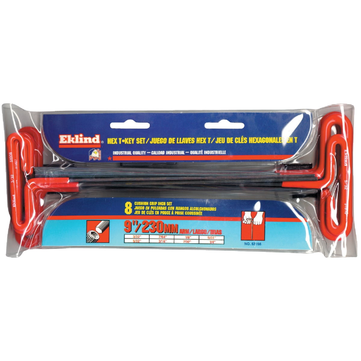Eklind 8 Piece 9 Inch T-Handle Hex Key Set 3/32 Inch to 1/4 Inch — Residential Use, Standard Application