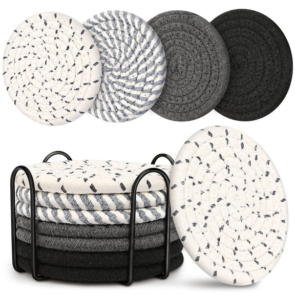 8 Piece Absorbent Coaster Set, 4.3 Inch Cotton Linen Drink Coasters, Heat Insulated Table Protectors, Home Decor, Gray