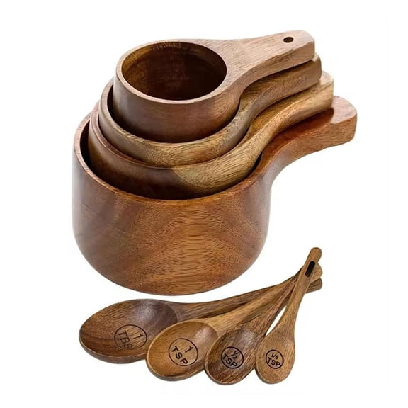 8-Piece Acacia Wood Measuring Cups and Spoons Set, Handcrafted Wooden Baking Tools for Dry & Liquid Ingredients, Engraved Metric & US Measurements, Nesting Kitchen Measuring Set with Box