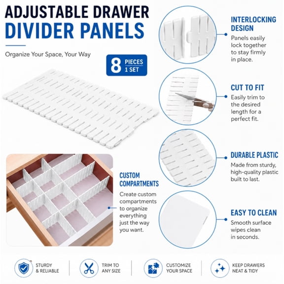 8 Piece Adjustable Drawer Divider Set, Grid Organizers for Socks, Underwear, Scarves and Makeup, TIKA