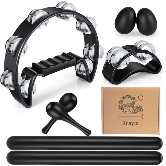 8-Piece Adult Hand Percussion Set Half Moon Tambourines & Wood Rhythm Sticks, Handheld Bells Musical Instrument for Church, School, Party & Karaoke, Colorful ABS Plastic & Wood Construction