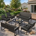 thumbnail image 1 of 8-Piece All-Weather Wicker Patio Furniture Set, Outdoor Conversation Set with 2 Loveseats, 4 Rocking Chairs, 2 Glass Coffee Tables, Black, 1 of 6