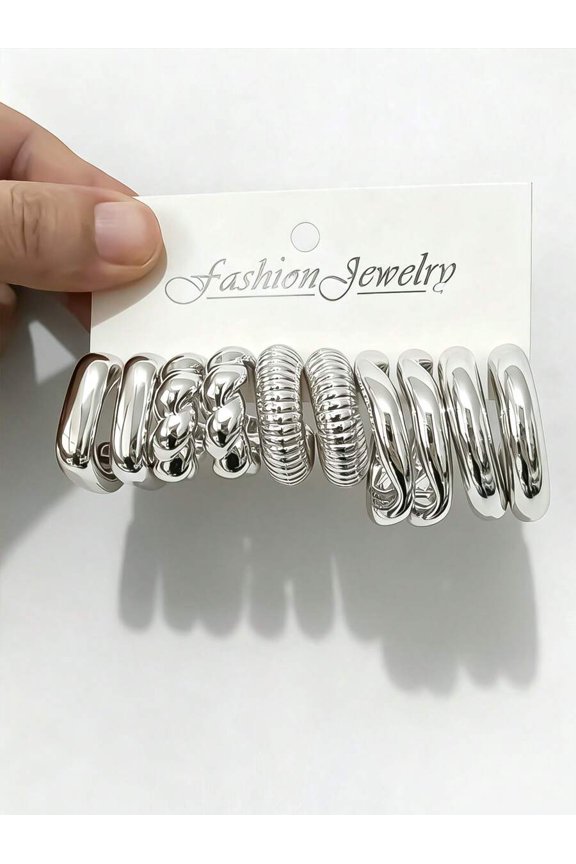 8-Piece Asymmetrical Exaggerated Teardrop & Oversized C-Shaped Earring Set, Silver