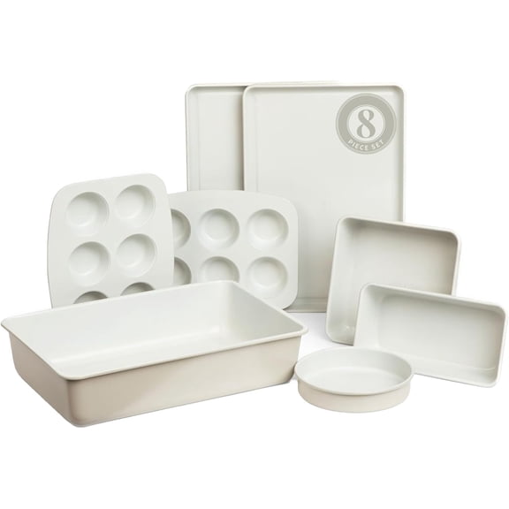 8-Piece Bakeware Set | Non-Stick Baking Set with Ceramic Finish | PFAS, PFOA, PTFE, and BPA Free Baking Essentials | Baking Sheets, Muffin Tins and Assorted Baking Pans | French Gray