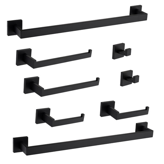 8-Piece Bathroom Hardware Set, Matte Black Stainless Steel Towel Bar and Hook Set for Bathroom