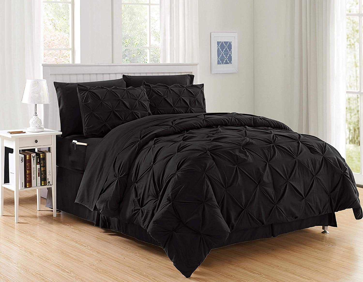 8-Pieces Pintuck Comforter set Includes Bed Sheet Set with Double Sided Storage Pockets, King/Cal King, Black