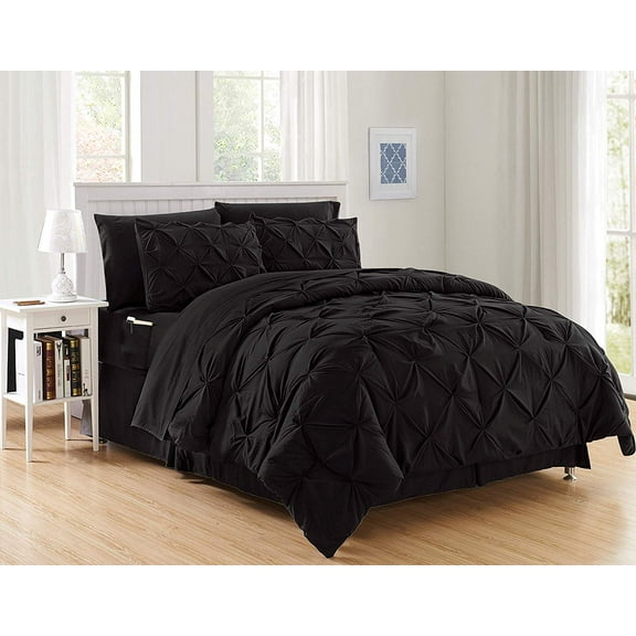 8-Pieces Pintuck Comforter set Includes Bed Sheet Set with Double Sided Storage Pockets, King/Cal King, Black