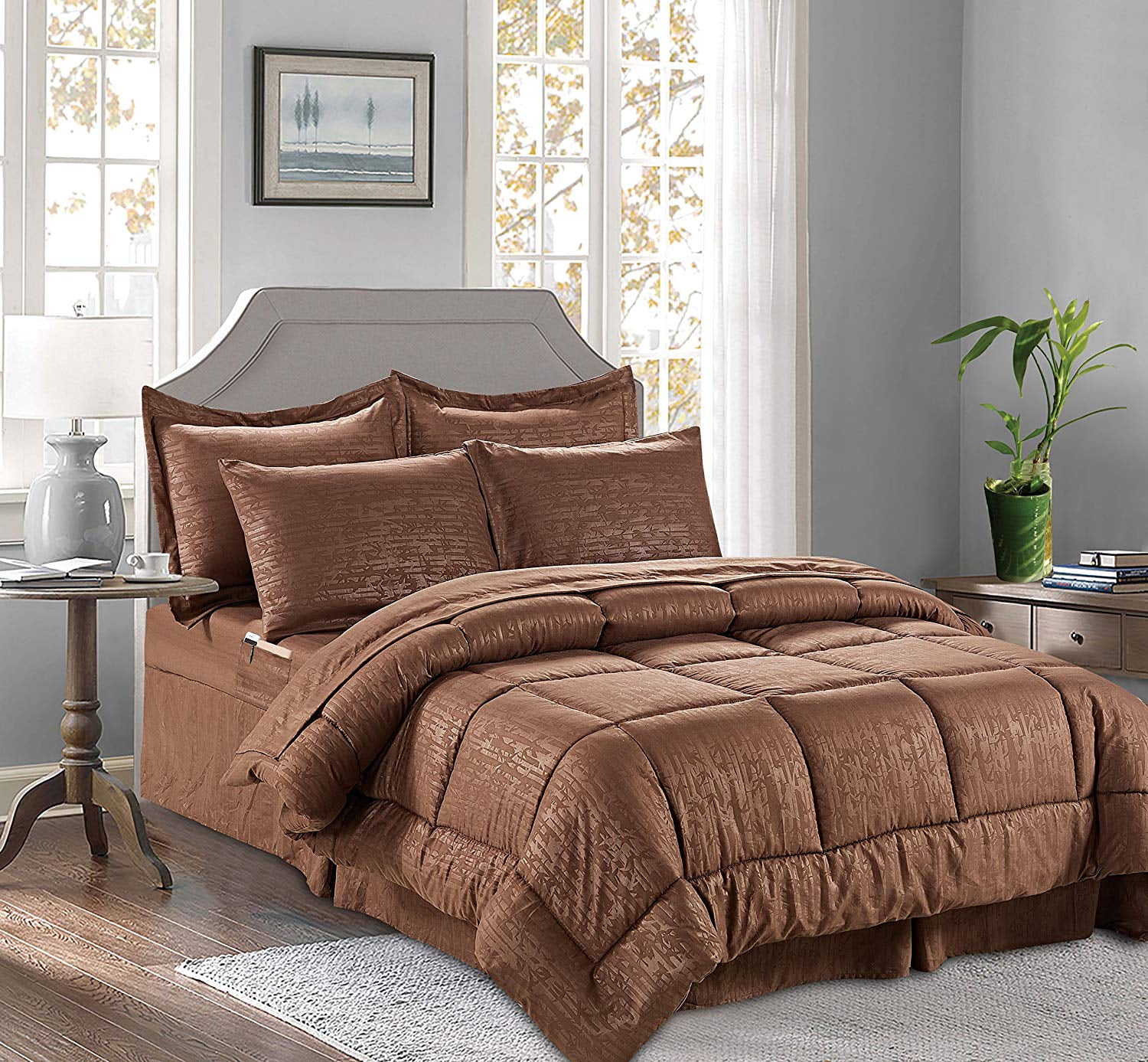8-Piece Bed-In-A-Bag Comforter - Silky Soft Bamboo Design Comforter ,Bed Sheet Set ,With Double Sided Storage Pockets, Full/Queen, Chocolate
