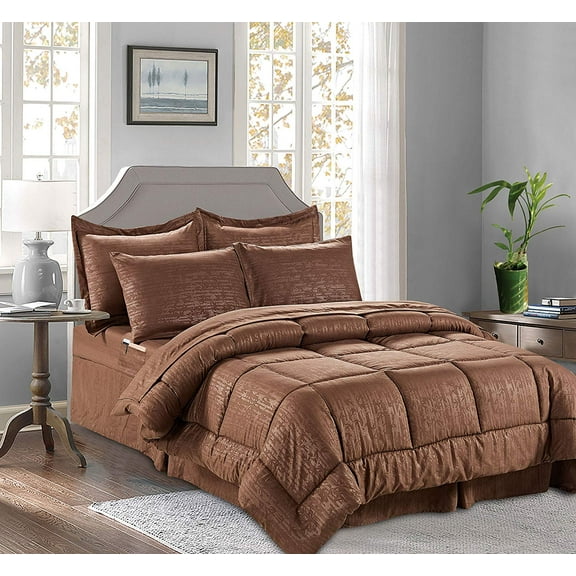 8-Piece Bed-In-A-Bag Comforter - Silky Soft Bamboo Design Comforter ,Bed Sheet Set ,With Double Sided Storage Pockets, Full/Queen, Chocolate