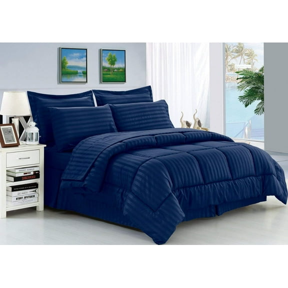 8-Piece Bed-In-A-Bag Comforter - Silky Soft Stripe Design Comforter ,Bed Sheet Set ,With Double Sided Storage Pockets, Full/Queen, Navy