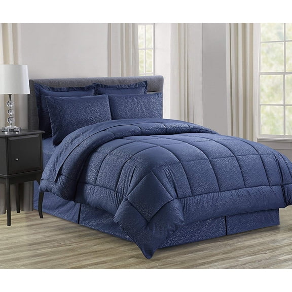 8 Piece Bed In A Bag Comforter Vine Design Comforter Full/Queen Navy