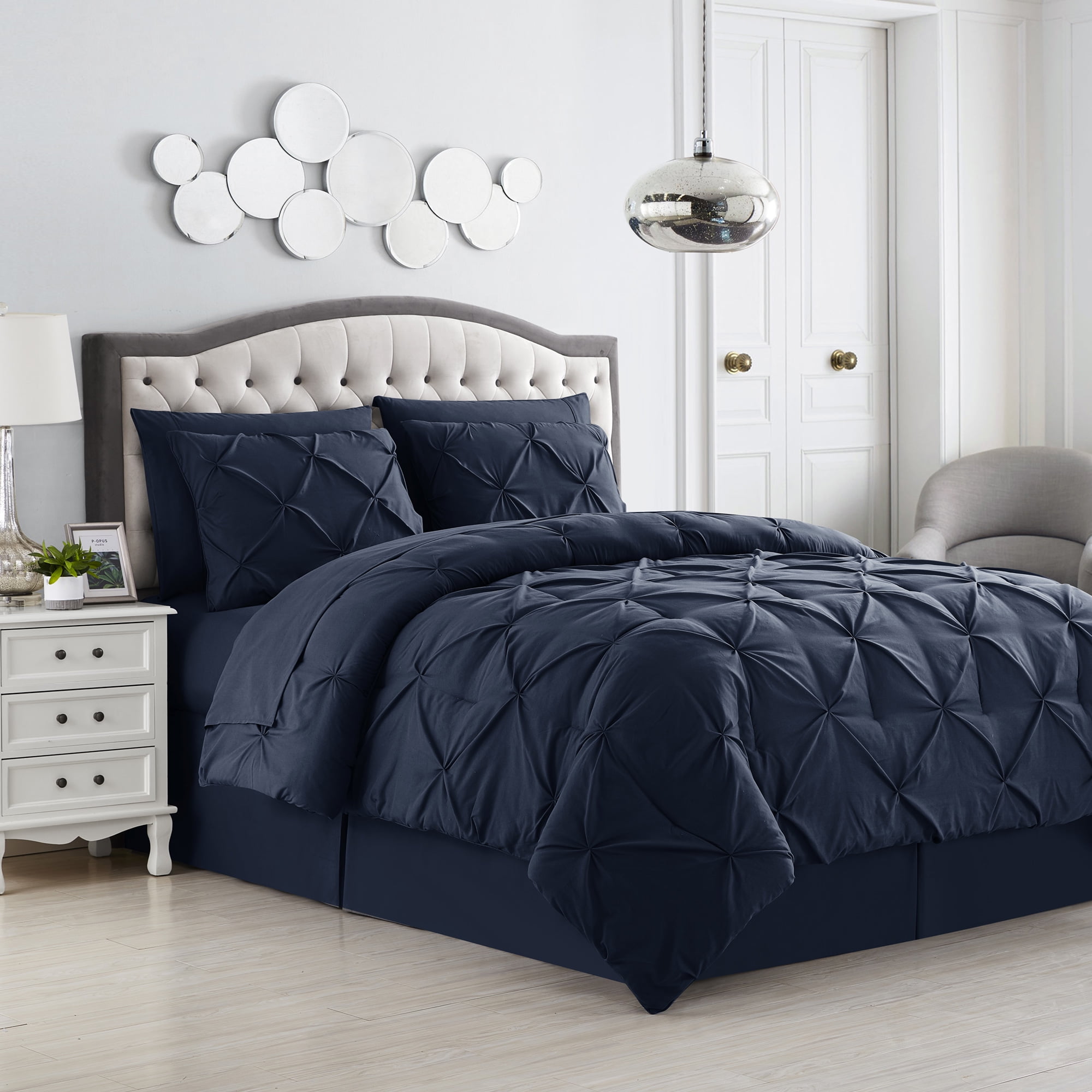 8 Piece Bed In A Bag Pintuck Comforter Sheet Bed Skirt Sham Set King Navy