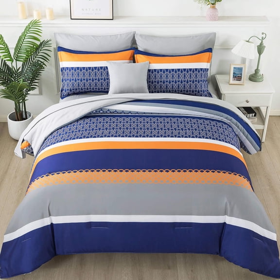 8 Piece Bed-in-a-Bag Queen Size Blue Grey Bedding Set
